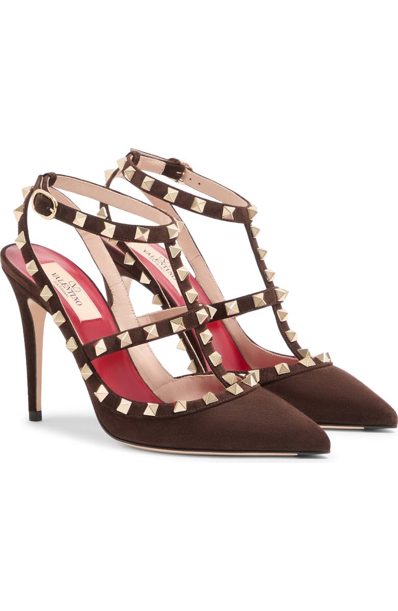 Valentino Rockstud Pointed Toe Ankle Strap Pump, Main, color, Brown