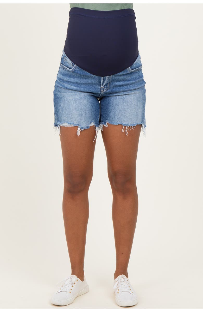PinkBlush Distressed Frayed Hem Maternity Denim Shorts, Alternate, color, Blue
