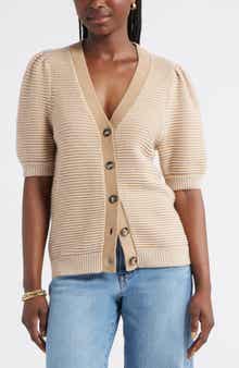 Caslon® Links Puff Sleeve Wool Blend Cardigan