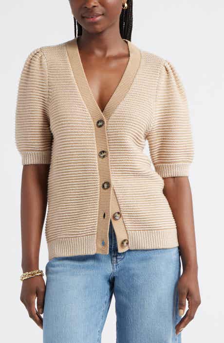 Caslon® Links Puff Sleeve Wool Blend Cardigan
