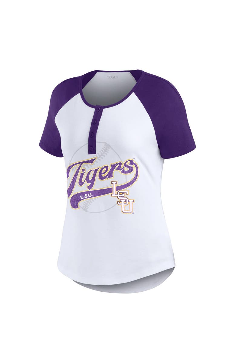 WEAR by Erin Andrews Women's WEAR by Erin Andrews White LSU Tigers Baseball Logo Raglan Henley T-Shirt, Alternate, color, 