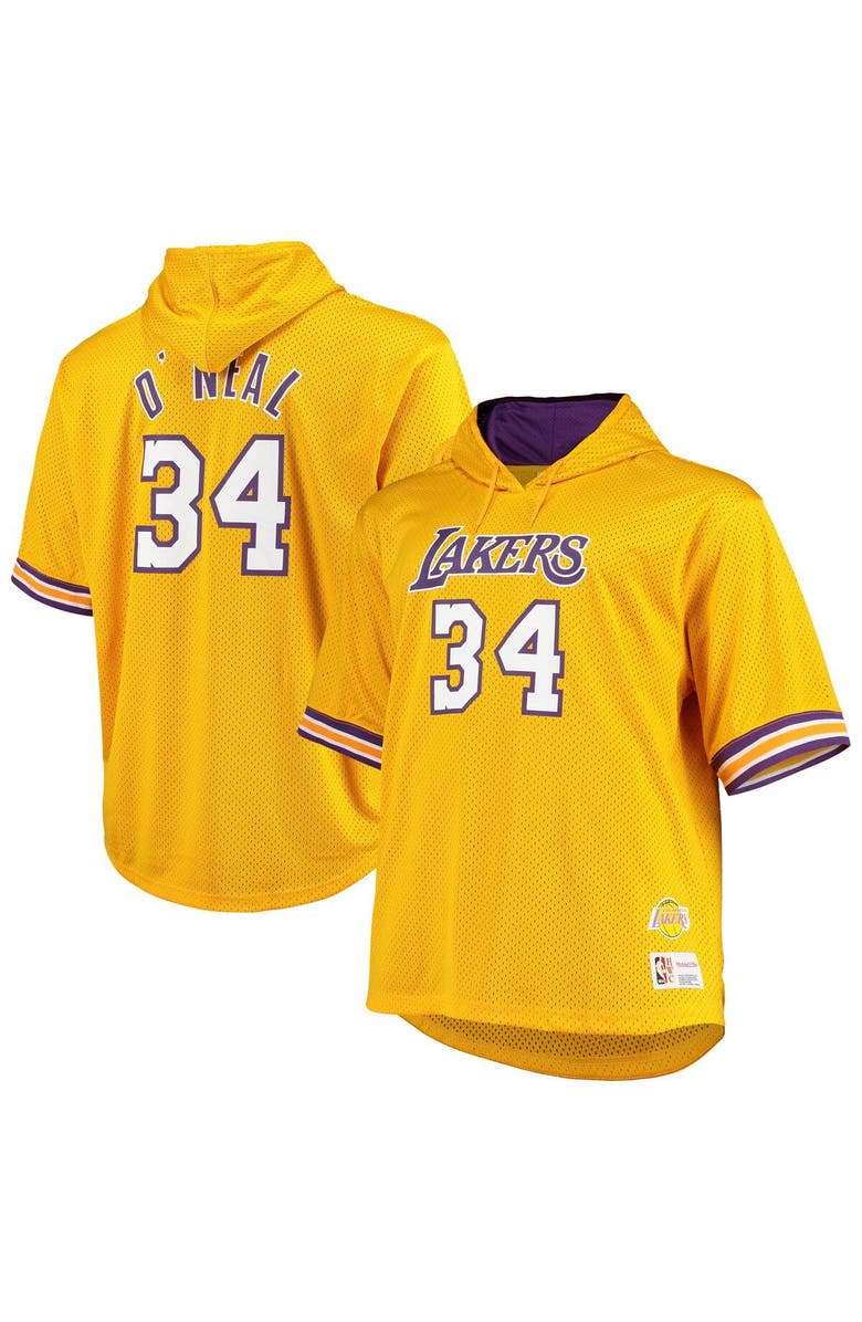 Mitchell & Ness Men's Mitchell & Ness Shaquille O'Neal Gold/Purple Los Angeles Lakers Big & Tall Name & Number Short Sleeve Hoodie, Alternate, color, 