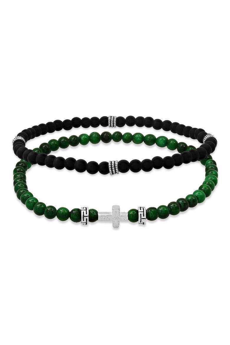 Men's Set of 2 Sterling Silver Jade & Lava Stone Beaded Stretch Bracelets, Main, color, SILVER/ GREEN/ BLACK