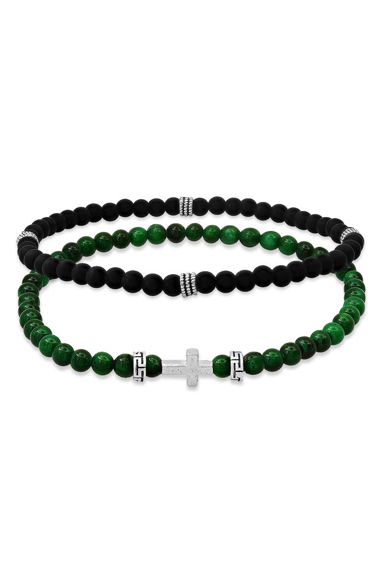 HMY JEWELRY Men's Set of 2 Sterling Silver Jade & Lava Stone Beaded Stretch Bracelets, Main, color, Silver/ Green/ Black