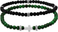 HMY JEWELRY Men's Set of 2 Sterling Silver Jade & Lava Stone Beaded Stretch Bracelets