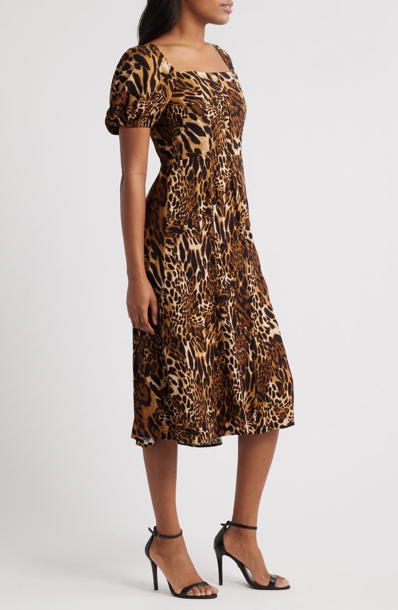 WAYF Leonie Leopard Print Puff Sleeve Midi Dress, Alternate, color, Leopard Print