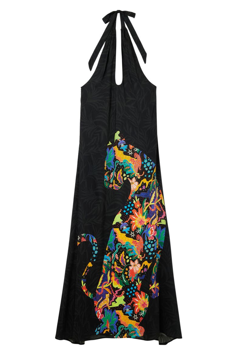 Jungle Design Halter Neck Maxi Dress, Alternate, color, BLACK
