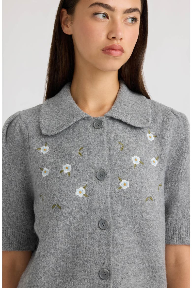 Embroidered Collared Short Sleeve Sweater, Alternate, color, MEDIUM GREY MIX
