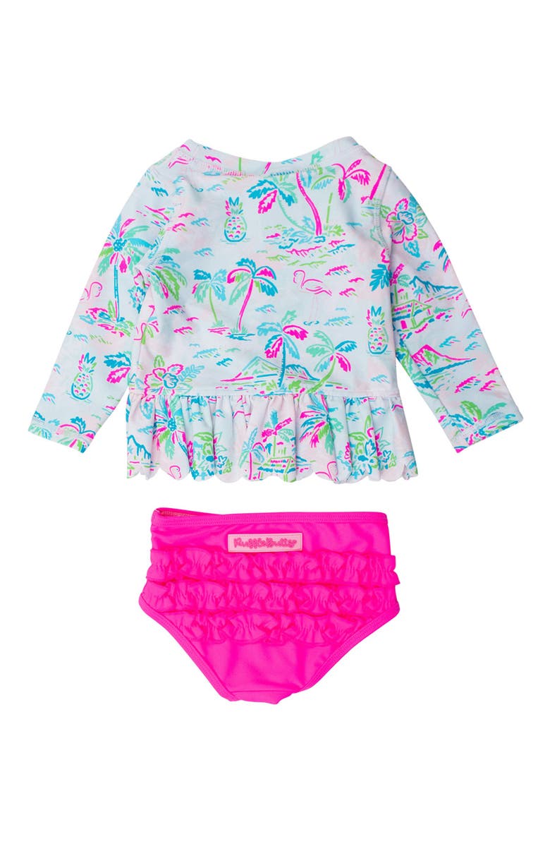 RuffleButts Girls UPF50+ Sun Protected Scallop Hem Long Sleeve Rash Guard Bikini, Alternate, color, Tropical Resort