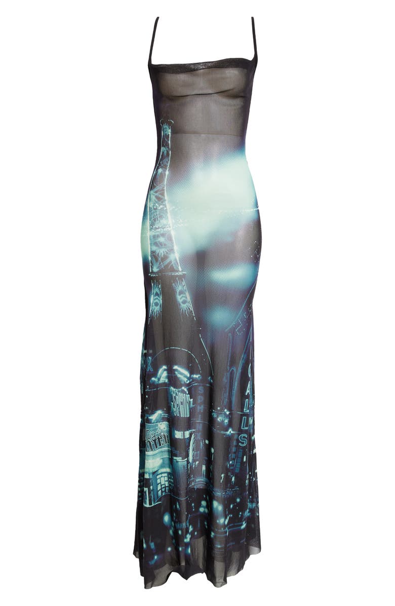 Jean Paul Gaultier City Print Asymmetric Sheer Maxi Dress, Alternate, color, 