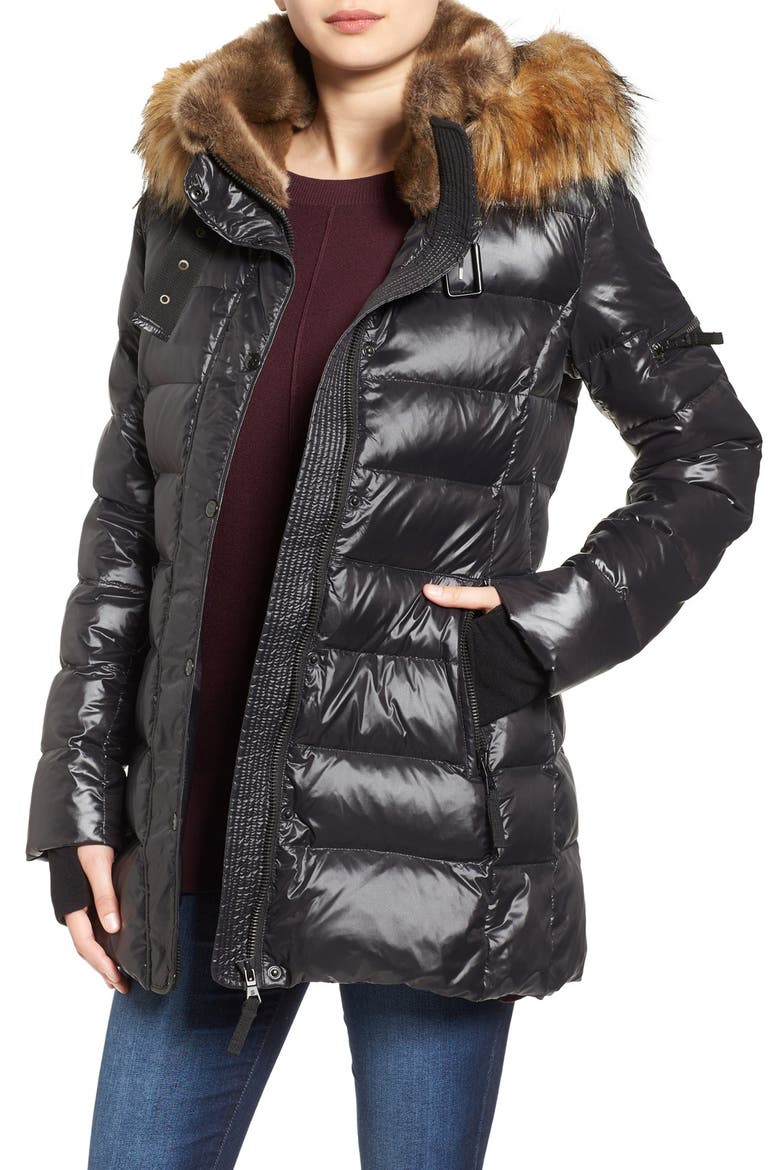 'Chelsea' Gloss Down Jacket with Removable Hood and Faux Fur Trim, Main, color, JET