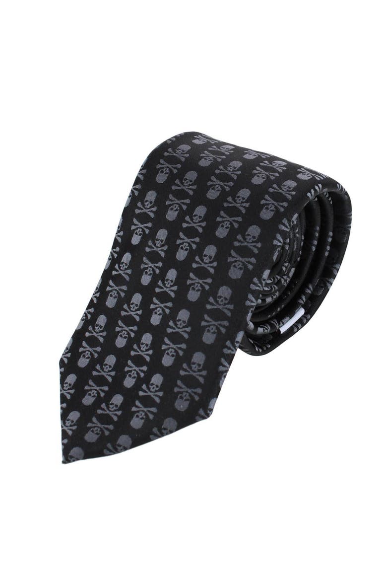 Pirate Skull and Crossbones Necktie, Main, color, Grey on Black