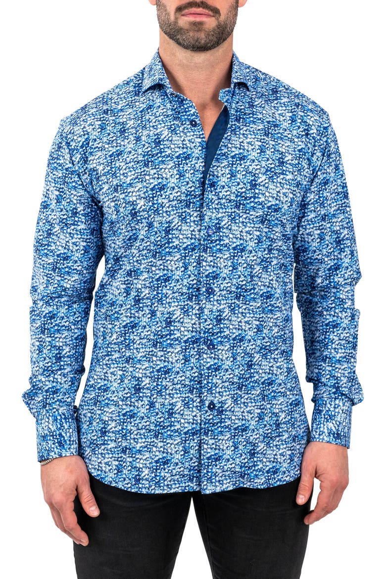 Einstein Stretchie Cubes Button-Up Shirt, Main, color, BLUE