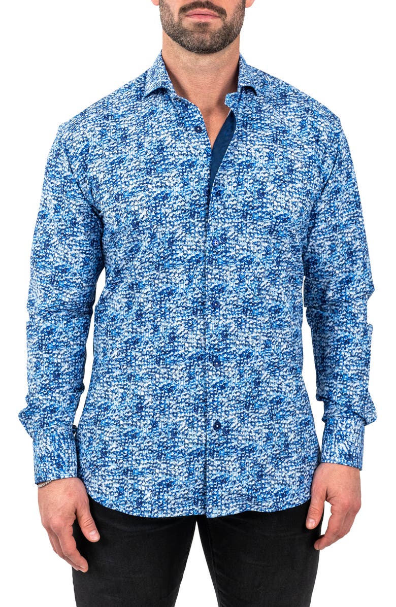 Maceoo Einstein Stretchie Cubes Button-Up Shirt, Main, color, Blue