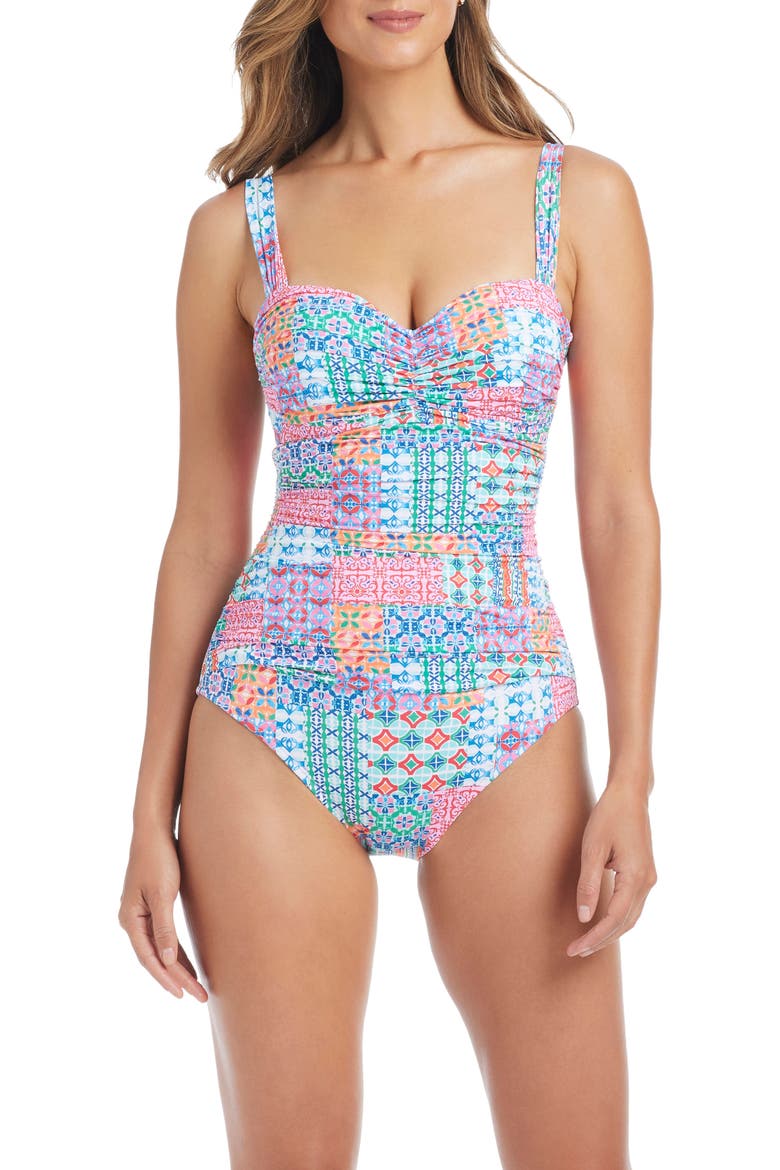 Shirred Underwire One-Piece Swimsuit, Alternate, color, MULTI PINK