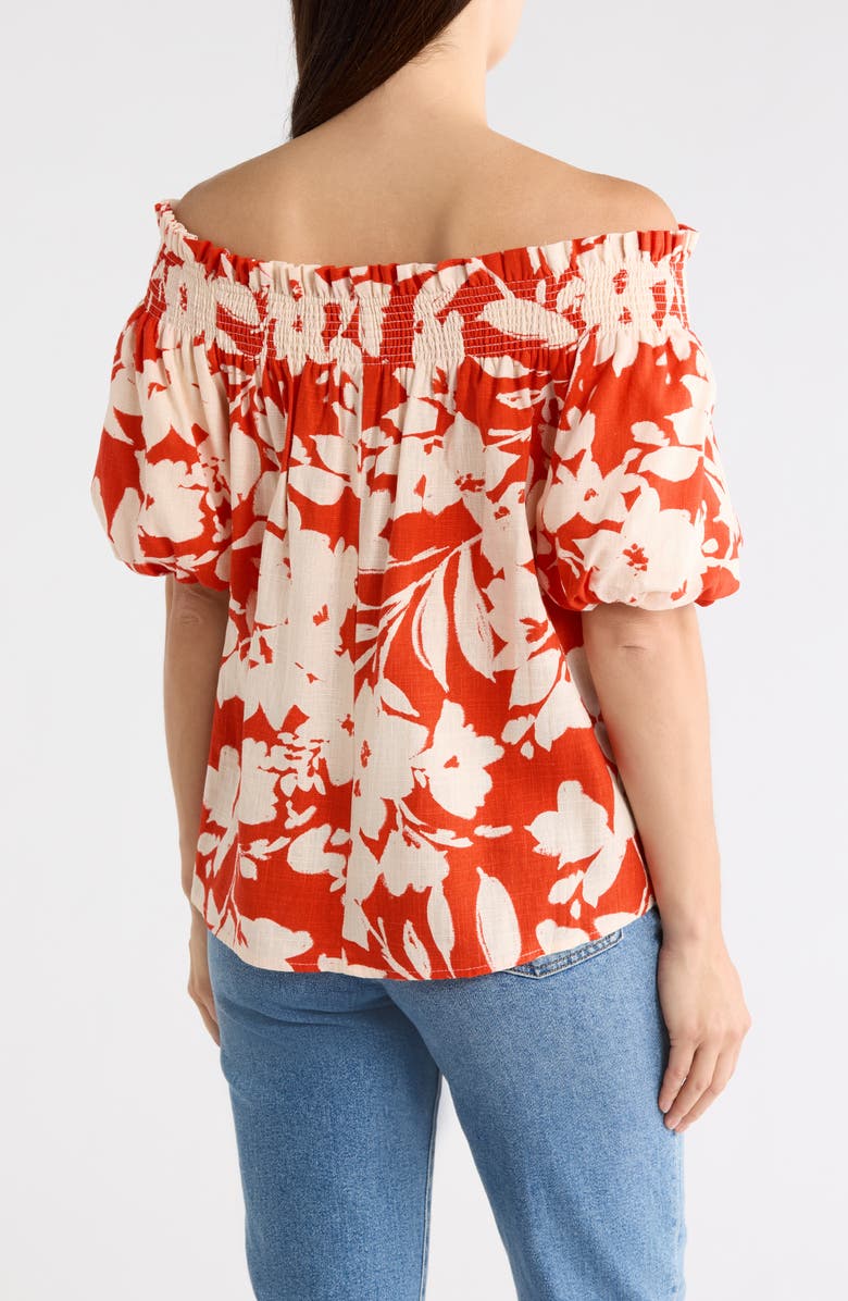 CeCe Floral Off-the-Shoulder Puff Sleeve Top, Alternate, color, Flame Scarlet