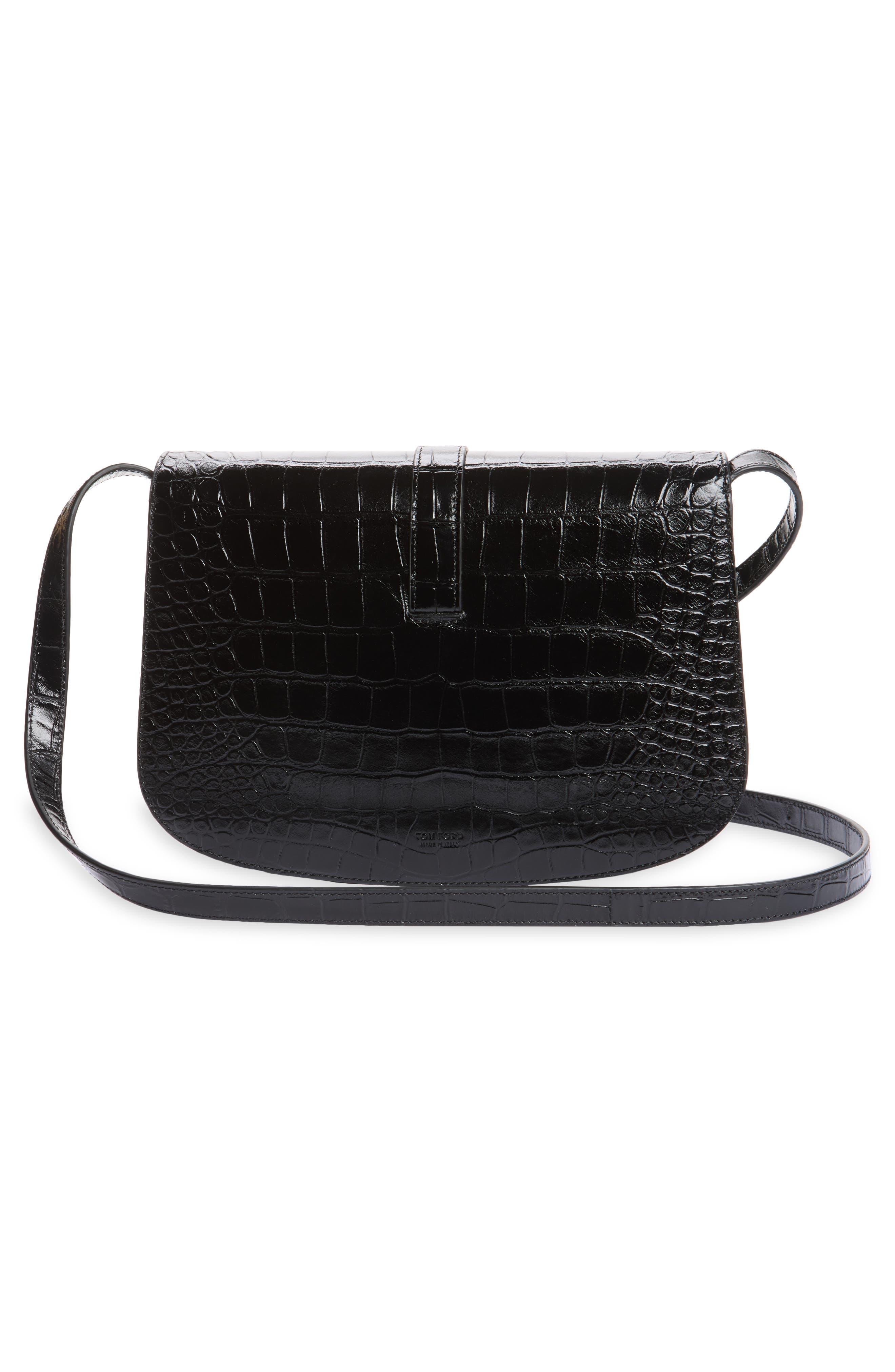 Kara Small Croc Embossed Leather Crossbody Bag, Alternate, color, BLACK