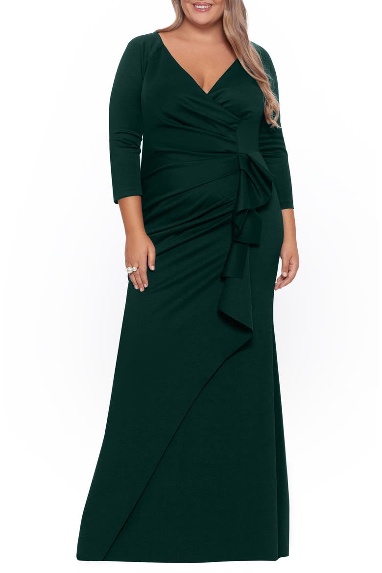 Xscape Side Ruched Scuba Knit Gown, Main, color, HUNTER