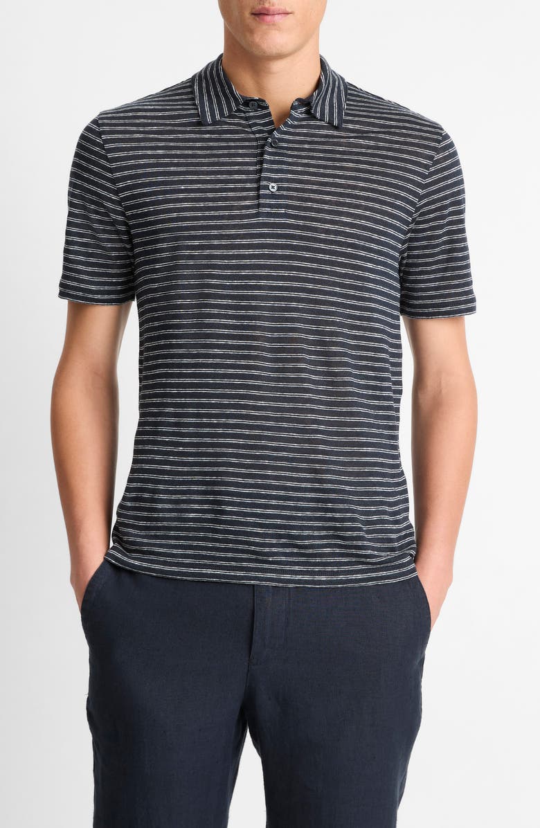 Vince Stripe Linen Polo, Main, color, Coastal/ Optic White