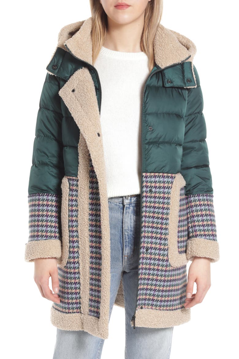 Mix Media Puffer Hooded Coat, Main, color, EMERALD/ PURPLE MULTI TWEED
