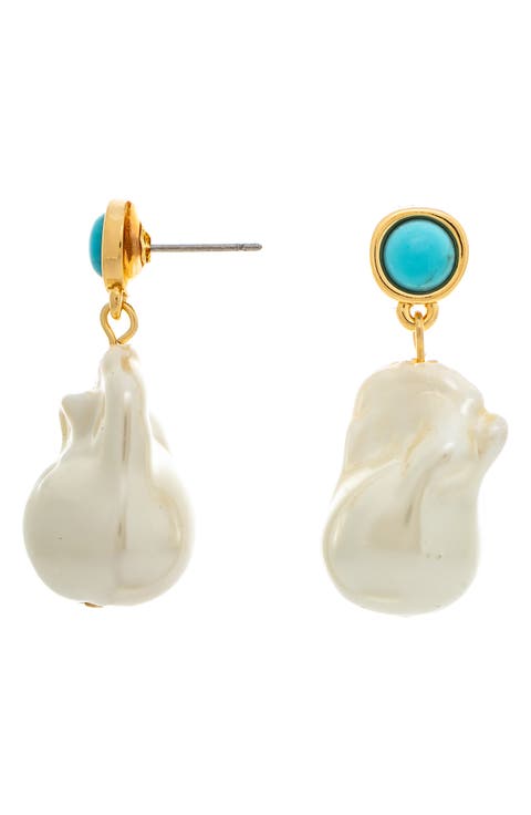 18K Gold Plated Turquoise & Faux Pearl Drop Earrings