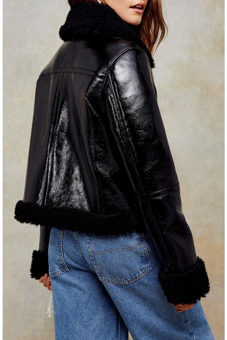 Faux Leather Biker Jacket with Faux Fur Trim, Alternate, color, BLACK