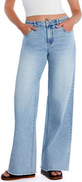 HINT OF BLU Happy Shaggy High Waist Raw Hem Wide Leg Jeans