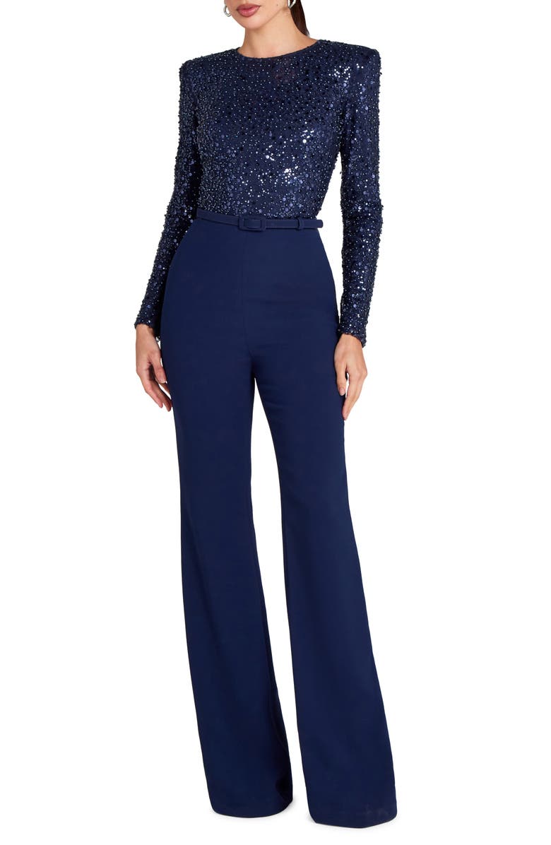 NADINE MERABI Misha Belted Long Sleeve Flare Jumpsuit, Main, color,