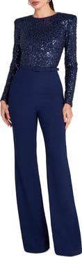 NADINE MERABI Misha Belted Long Sleeve Flare Jumpsuit