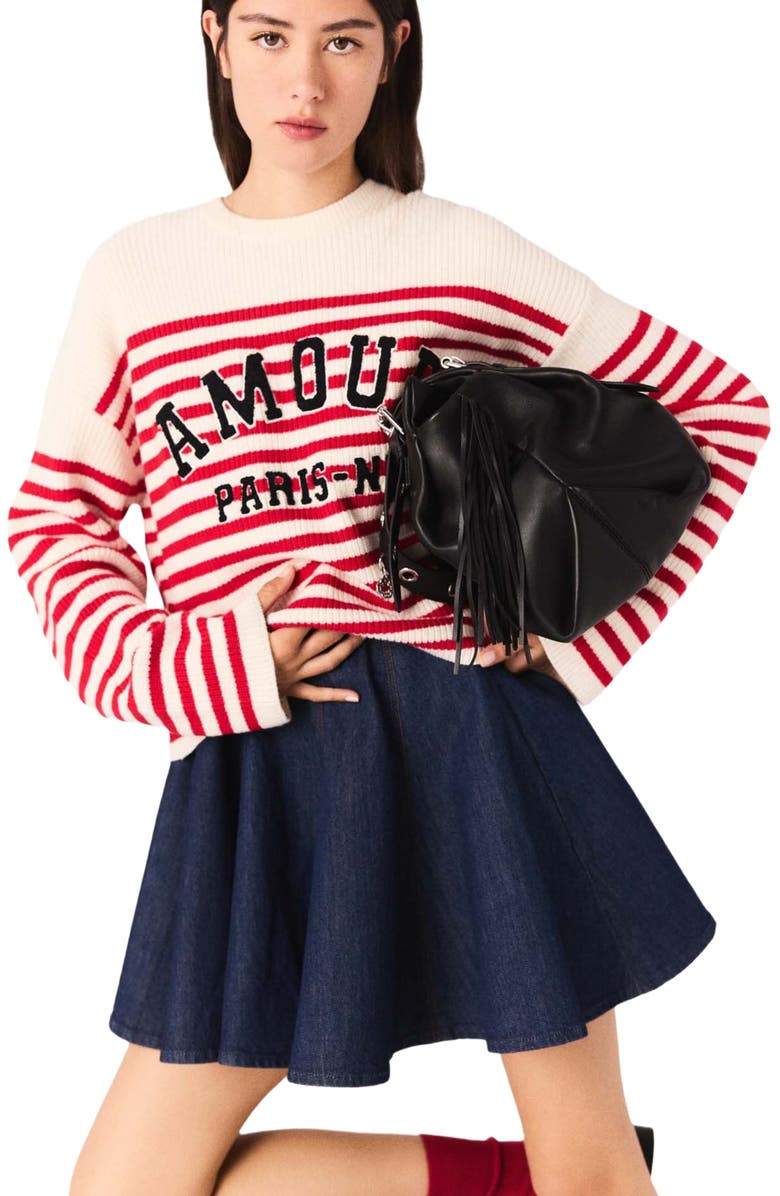 maje Striped rib knit sweater, Alternate, color, Ecru /Red