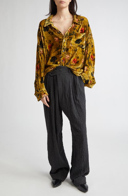 R13 Drop Neck Oversize Floral Velvet Button-up Shirt In Yellow