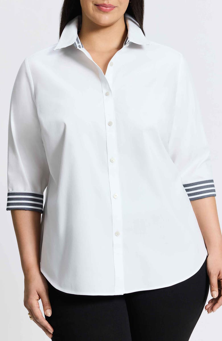 Foxcroft Margie Stripe Trim Cotton Blend Button-Up Shirt, Main, color, White/ Black