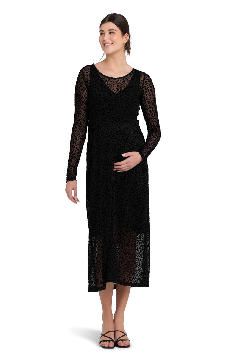Ripe Maternity Leo Flocked Long Sleeve Maternity/Nursing Dress, Alternate, color, Black