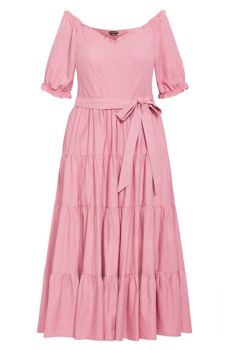 City Chic Puff Sleeve Tie Belt Midi Dress, Alternate, color, Blush