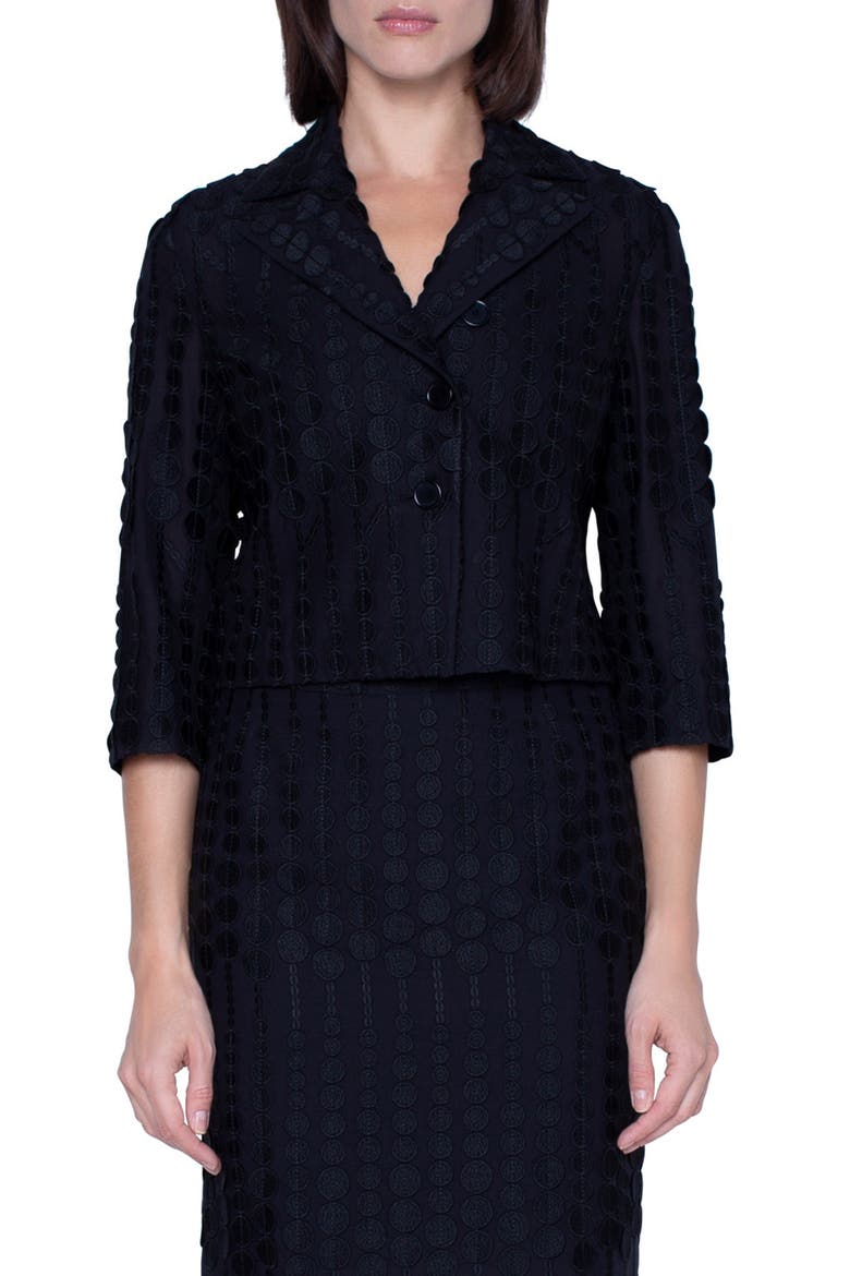 Embroidered Dot Crop Cotton Blend Jacket, Main, color, BLACK