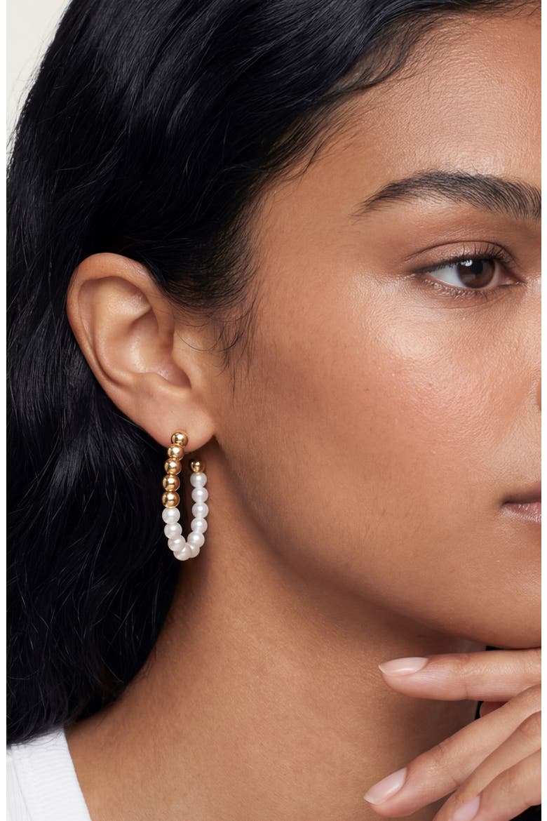 Metallic Beaded Faux Pearl Hoop Earrings, Alternate, color, GOLD