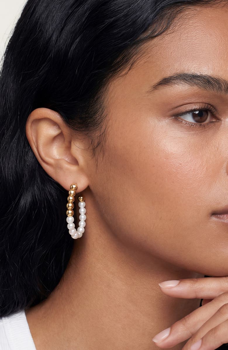 Ettika Metallic Beaded Faux Pearl Hoop Earrings, Alternate, color, Gold