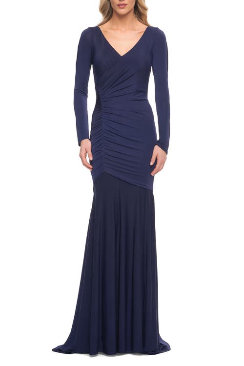 La Femme Ruched Jersey Evening Gown With Long Sleeves In Navy