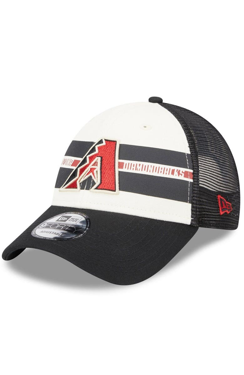 New Era Men's New Era White/Black Arizona Diamondbacks Team Stripe Trucker 9FORTY Snapback Hat, Main, color, 