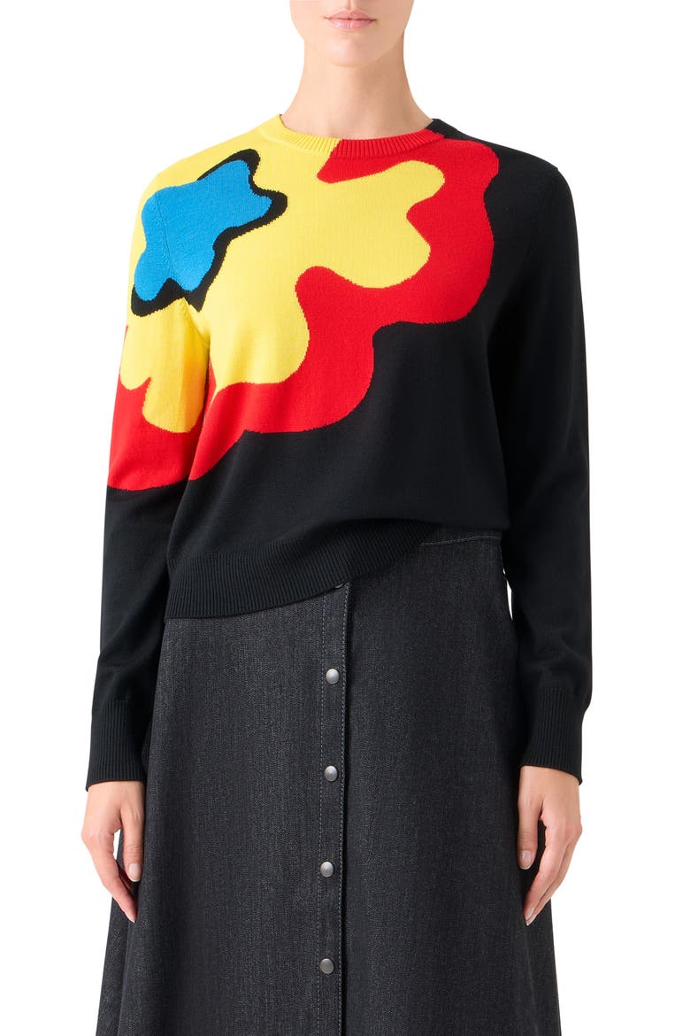Abstract Floral Intarsia Virgin Wool Sweater, Main, color, BLACK-MULTICOLOR