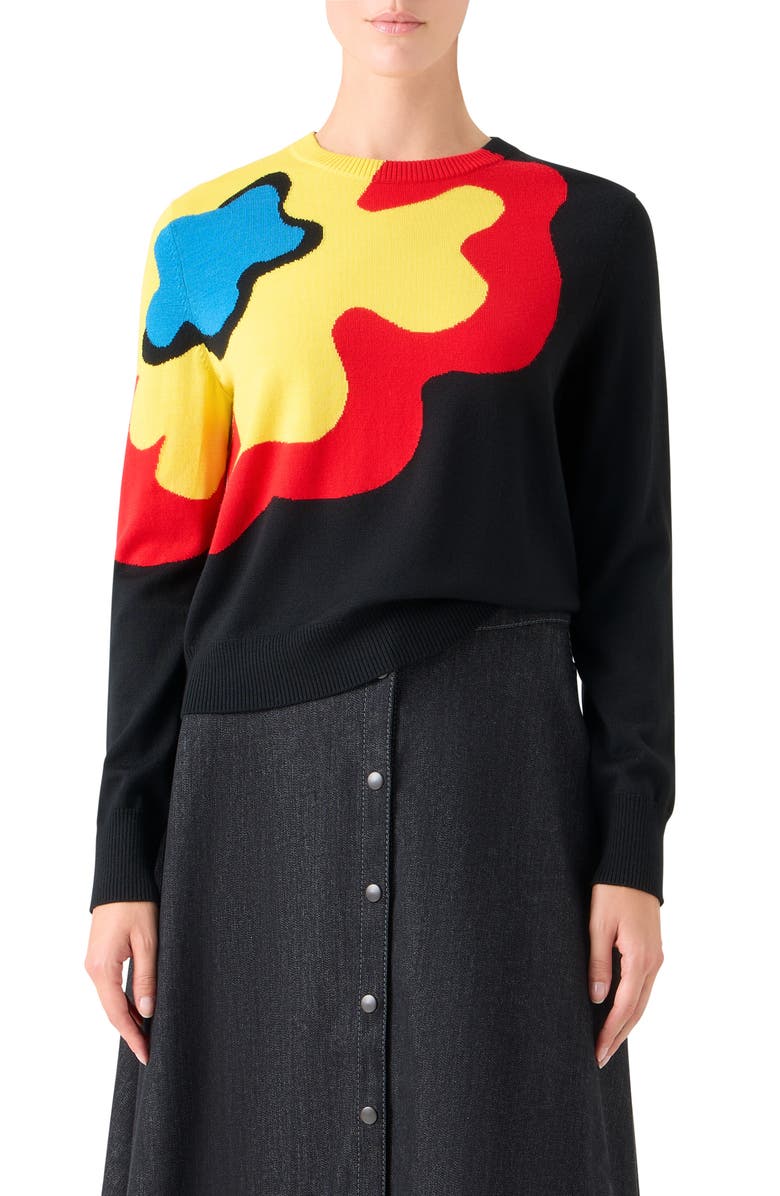 Akris punto Abstract Floral Intarsia Virgin Wool Sweater, Main, color, Black-Multicolor