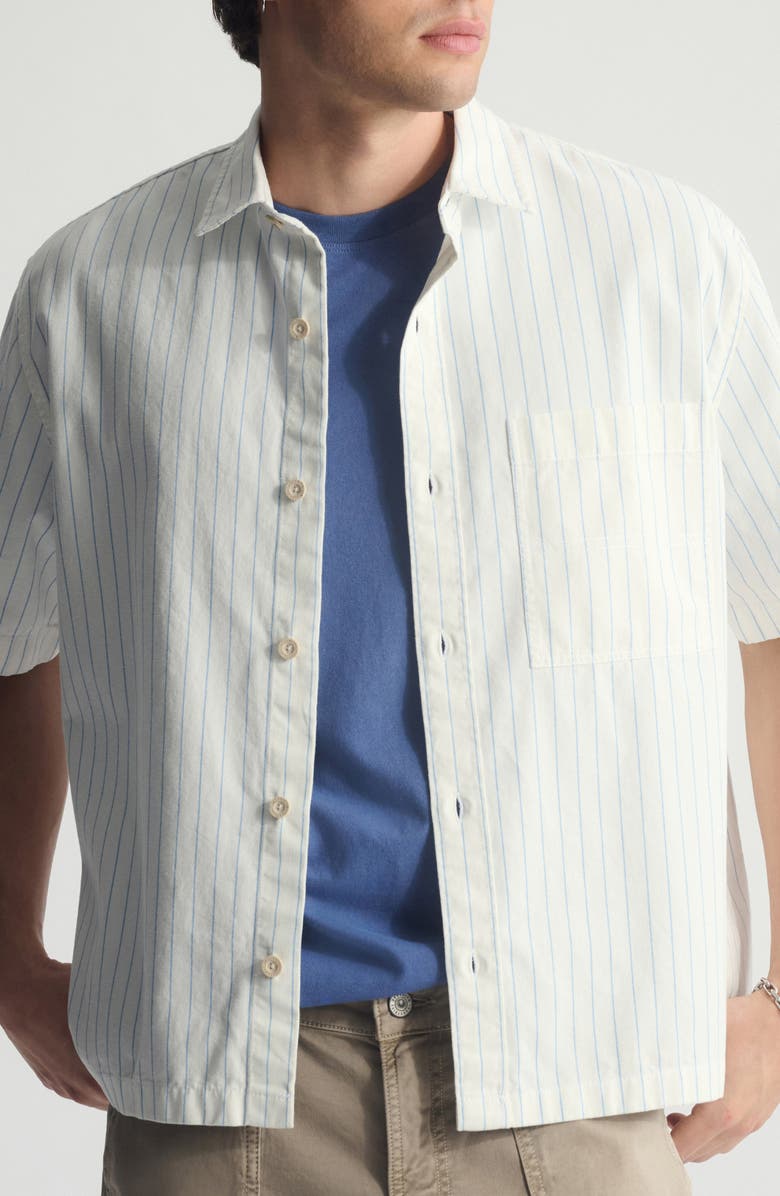 Brooklyn Industries Stripe Short Sleeve Cotton Button-Up Shirt, Main, color, Bel Air Blue