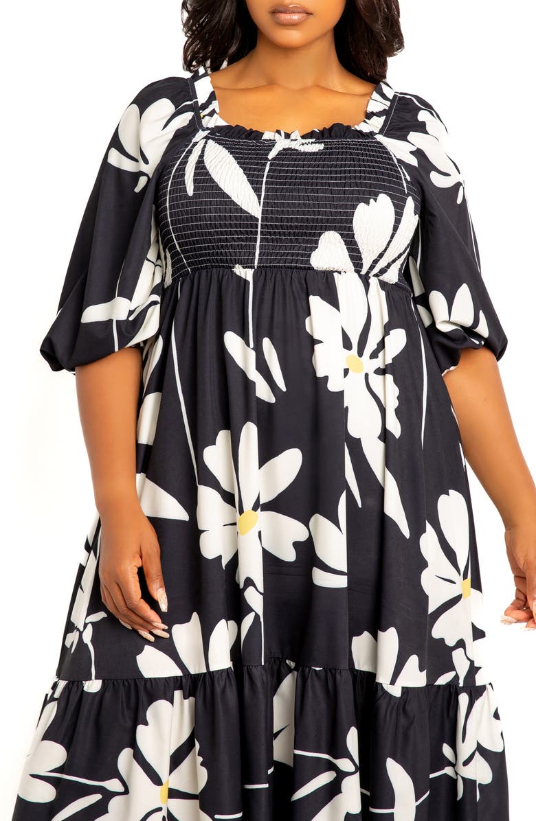 BUXOM COUTURE Floral Smocked Midi Dress, Alternate, color, Black Multi