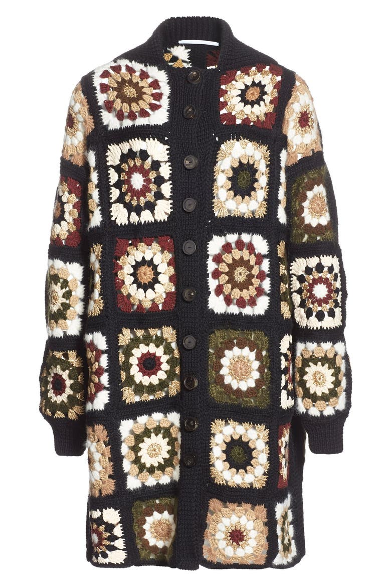 'Granny Square' Mixed Media Cardigan, Alternate, color, BLACK/ MULTI