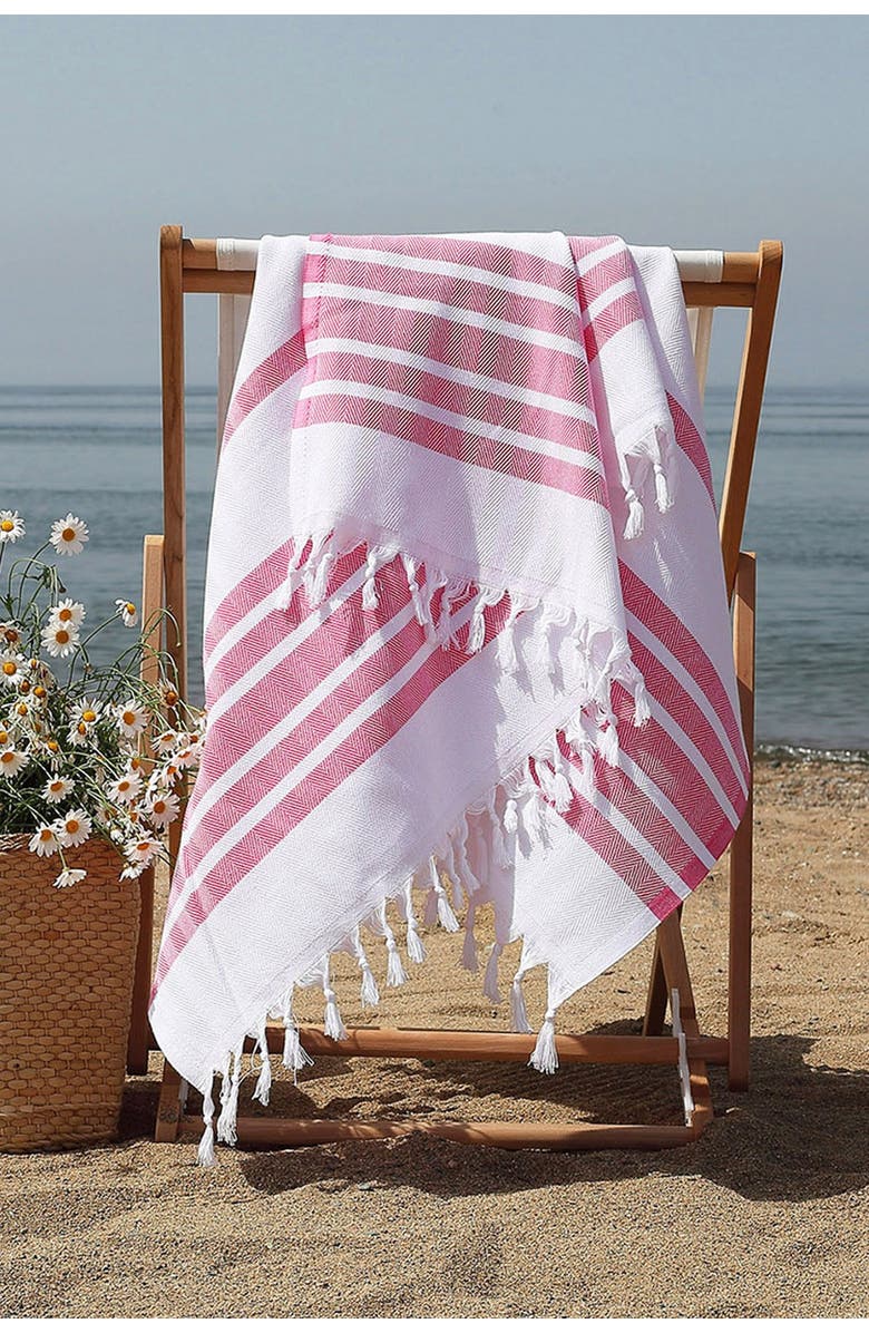 Linum Home Textiles 100% Turkish Cotton Herringbone Pestemal Beach Towel - Pink & White, Alternate, color,