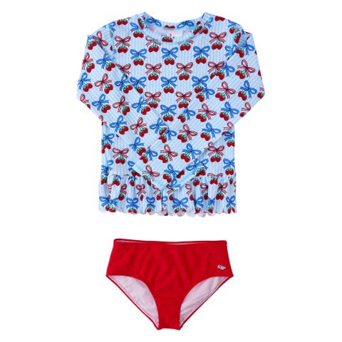 Scallop Hem Long Sleeve Rash Guard 2-Piece Bikini Swimsuit