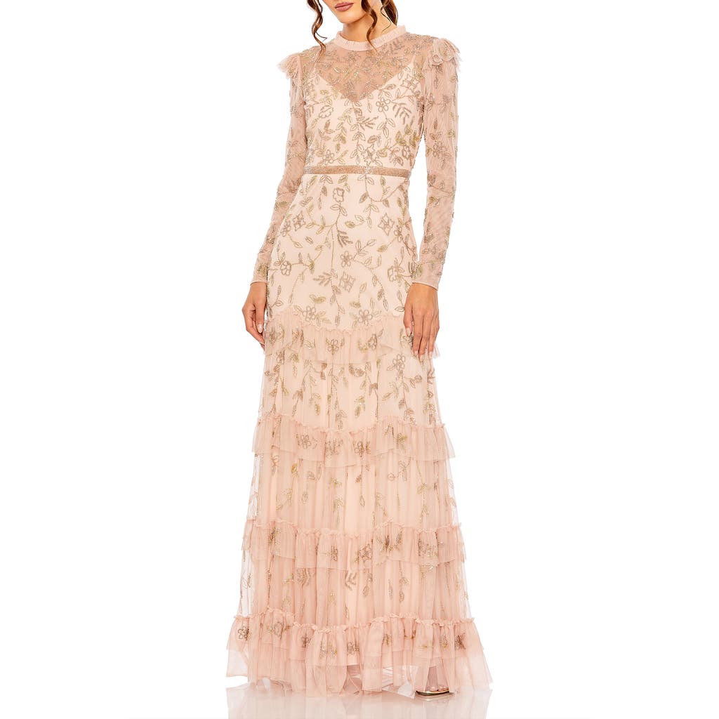 Mac Duggal High Neck Flutter Cap Long Sleeve Tiered Embellish In Blush