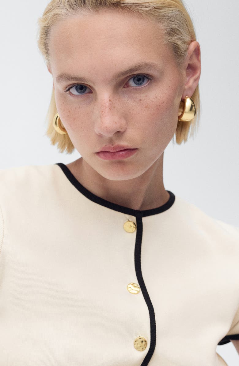 MANGO Contrast Trim Short Sleeve Cotton Cardigan, Alternate, color, Ecru