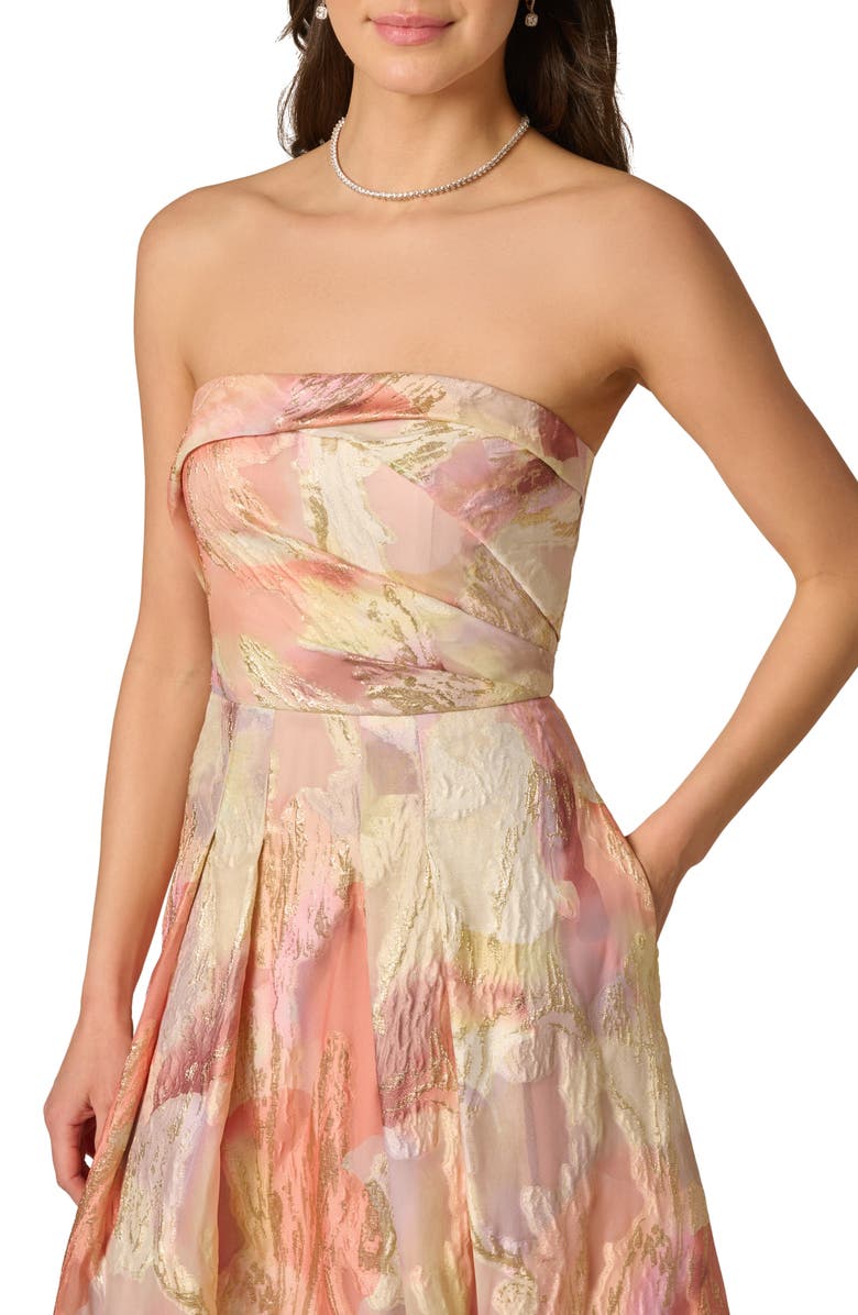 Aidan Mattox Strapless Floral Print Metallic Jacquard Gown, Alternate, color, Coral Multi