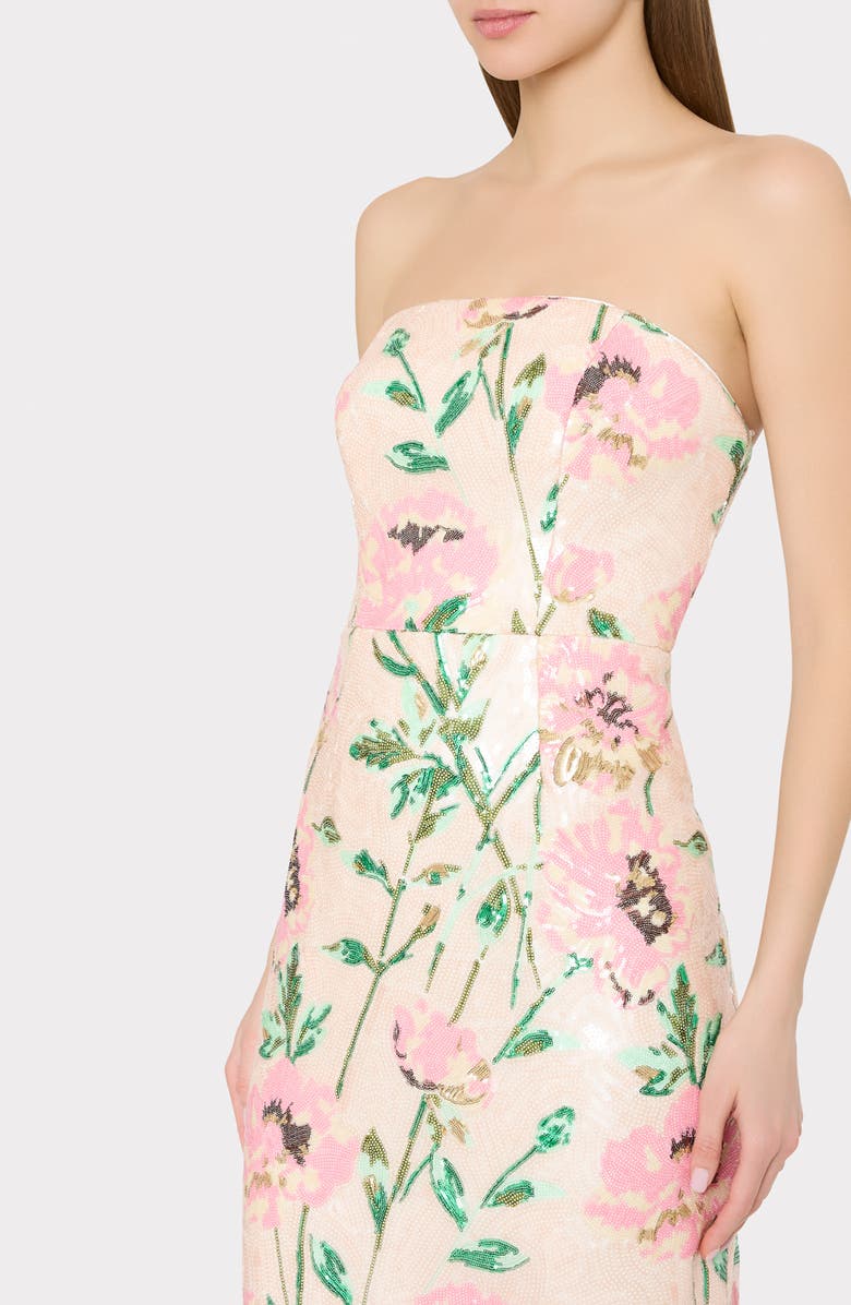Milly Kait Floral Print Sequin Strapless Midi Dress, Alternate, color, White Multi